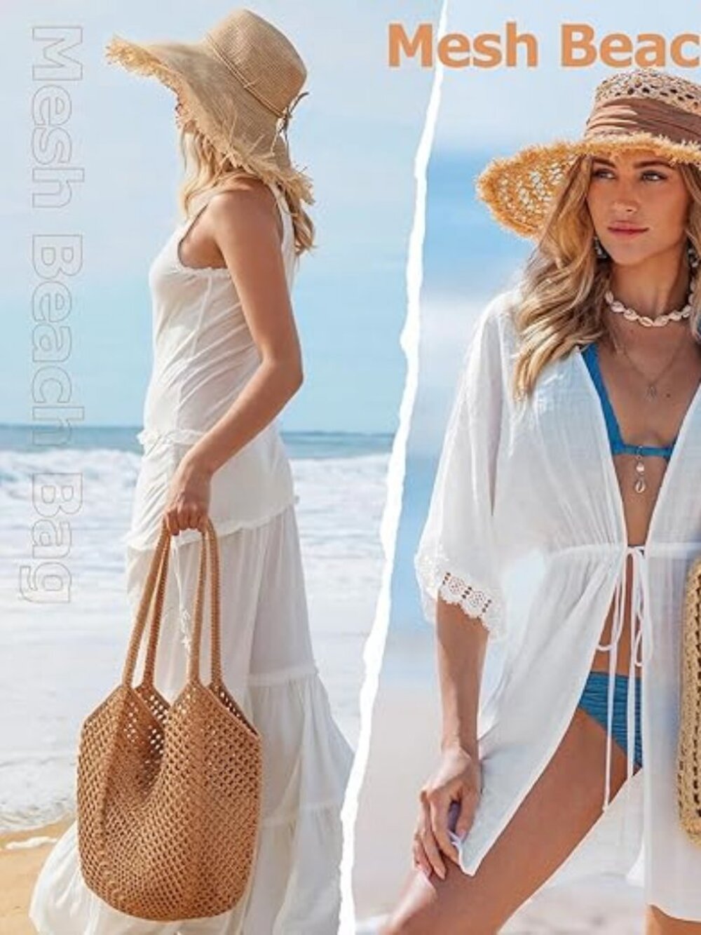 Crochet Tote Beach Bag Mesh Knit Bag Summer Vacation Aesthetic Boho Hobo - Picture 2 of 7